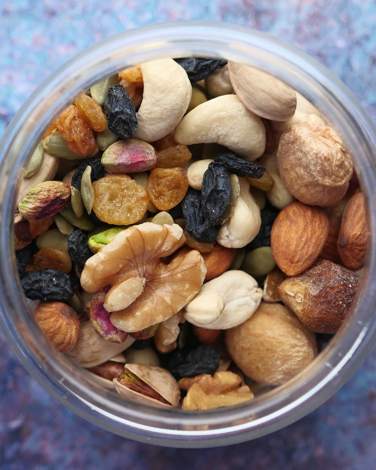 A jar of mixed nuts and dried fruit
